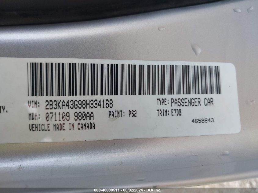2008 Dodge Charger VIN: 2B3KA43G98H334168 Lot: 40000511