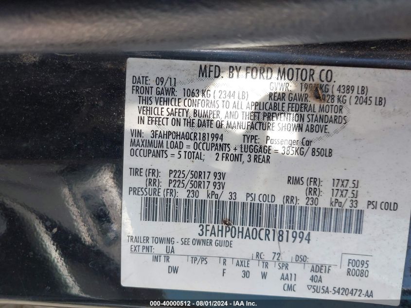 2012 Ford Fusion Se VIN: 3FAHP0HA0CR181994 Lot: 40000512