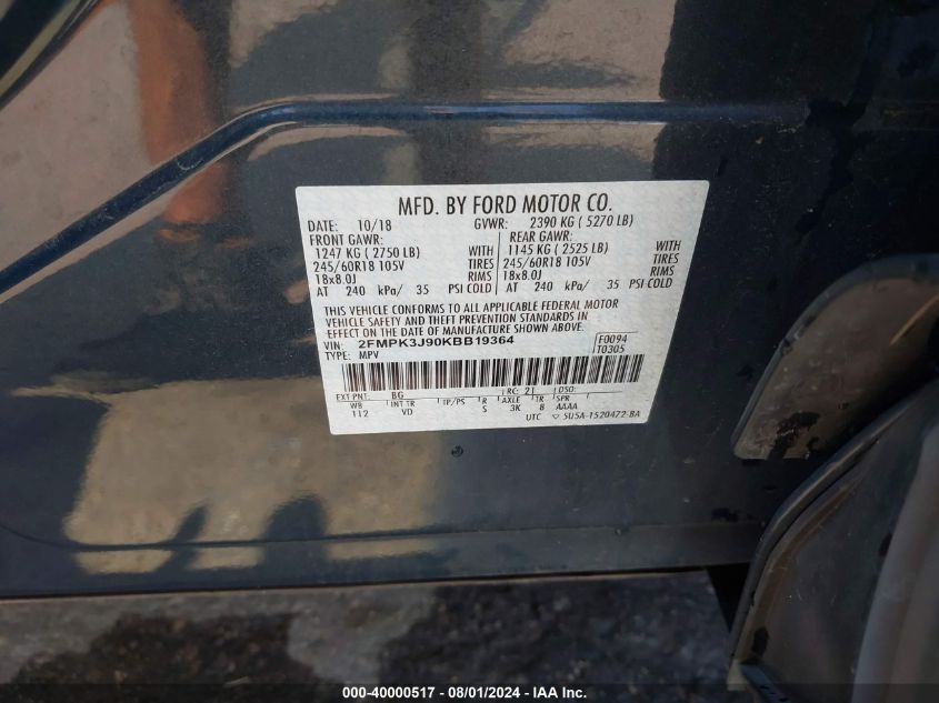 2FMPK3J90KBB19364 2019 Ford Edge Sel