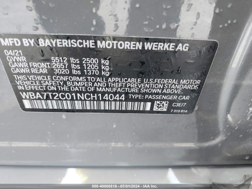 2022 BMW 740 I VIN: WBA7T2C01NCH14044 Lot: 40000519