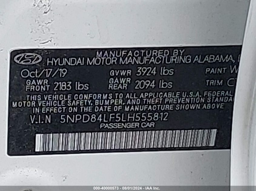 2020 Hyundai Elantra Sel VIN: 5NPD84LF5LH555812 Lot: 40000573