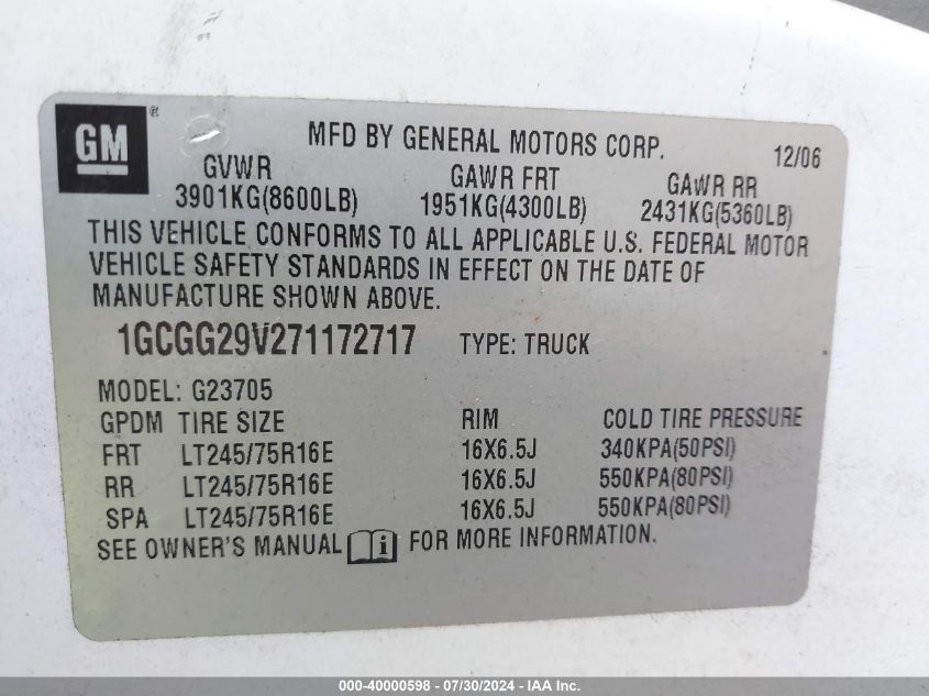 2007 Chevrolet Express Work Van VIN: 1GCGG29V271172717 Lot: 40000598