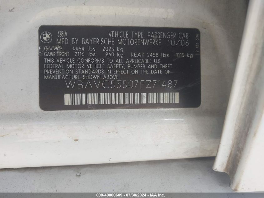2007 BMW 328I VIN: WBAVC53507FZ71487 Lot: 40000609