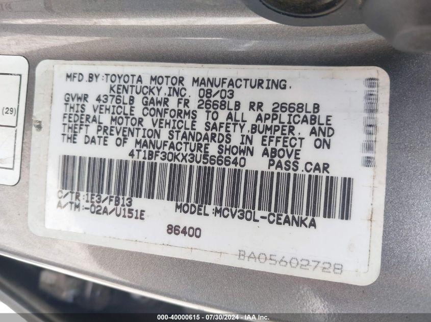 2003 Toyota Camry Le V6 VIN: 4T1BF30KX3U566640 Lot: 40000615