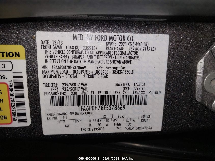 2014 FORD FUSION SE - 1FA6P0H78E5378669