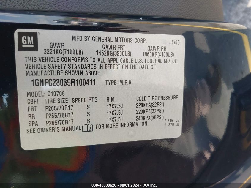 2009 Chevrolet Tahoe C1500 Lt VIN: 1GNFC23039R100411 Lot: 40000620