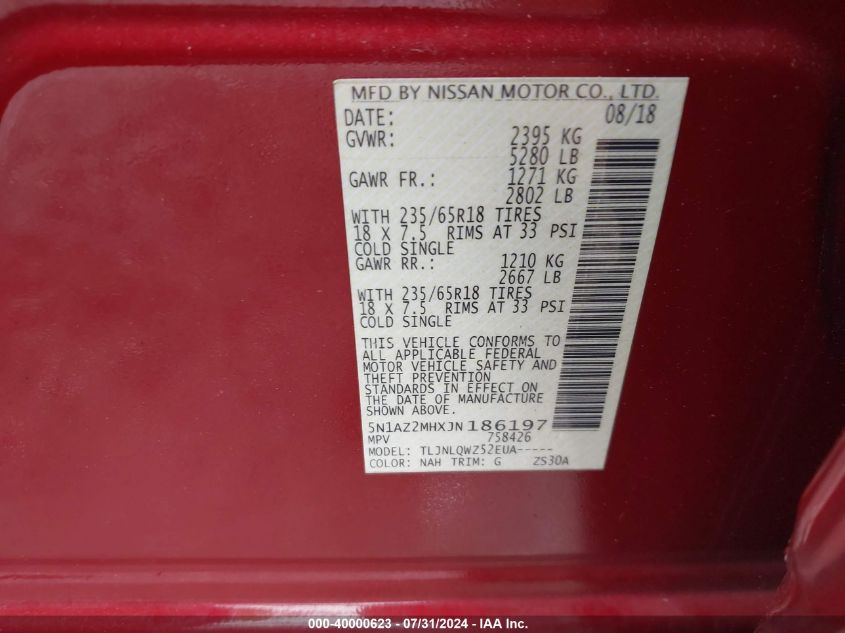 2018 Nissan Murano Sv VIN: 5N1AZ2MHXJN186197 Lot: 40000623