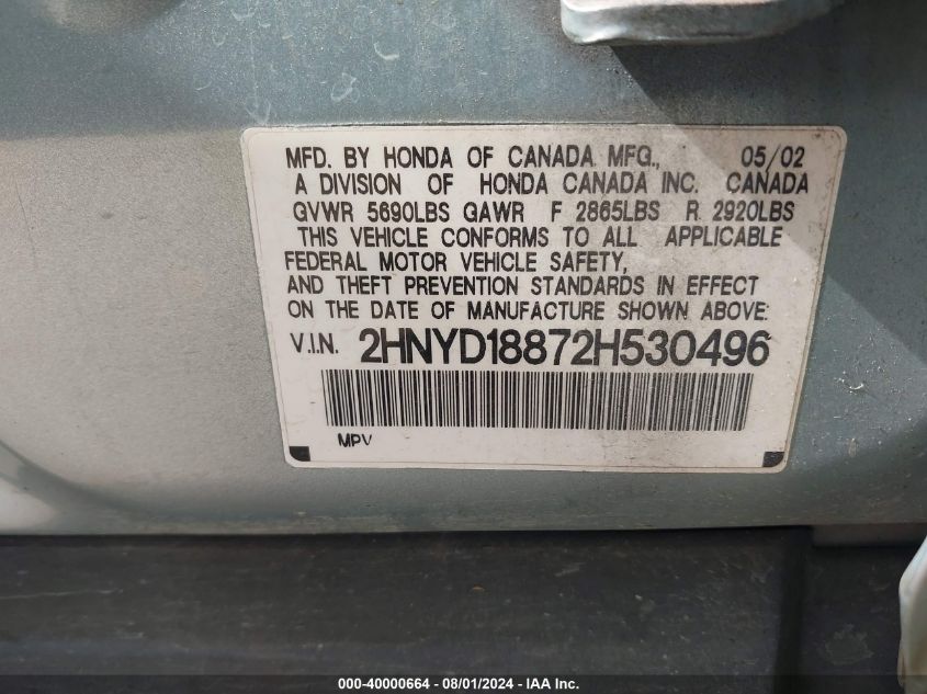 2002 Acura Mdx Touring VIN: 2HNYD18872H530496 Lot: 40000664