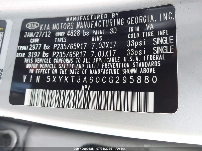 2012 Kia Sorento Lx VIN: 5XYKT3A60CG295880 Lot: 40000685