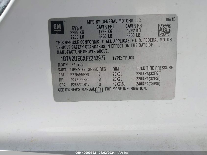 2015 GMC Sierra 1500 Sle VIN: 1GTV2UECXFZ343977 Lot: 40000692