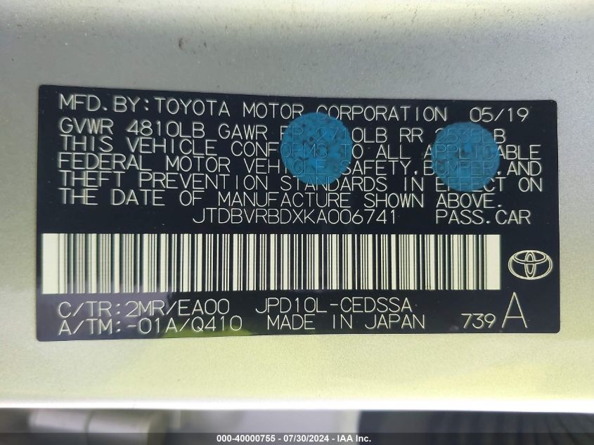 2019 Toyota Mirai VIN: JTDBVRBDXKA006741 Lot: 40000755