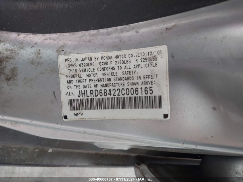 2002 Honda Cr-V Lx VIN: JHLRD68422C006165 Lot: 40000757