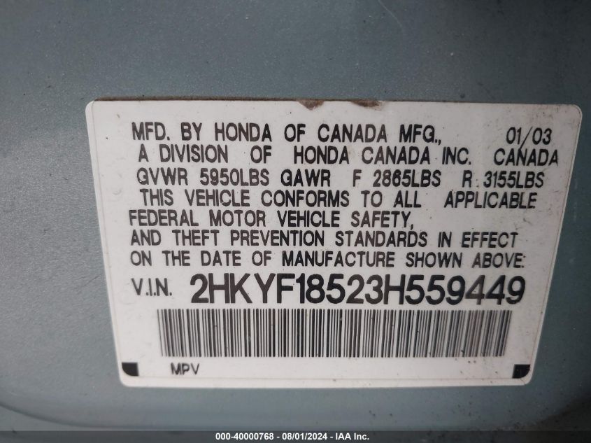 2003 Honda Pilot Ex-L VIN: 2HKYF18523H559449 Lot: 40000768