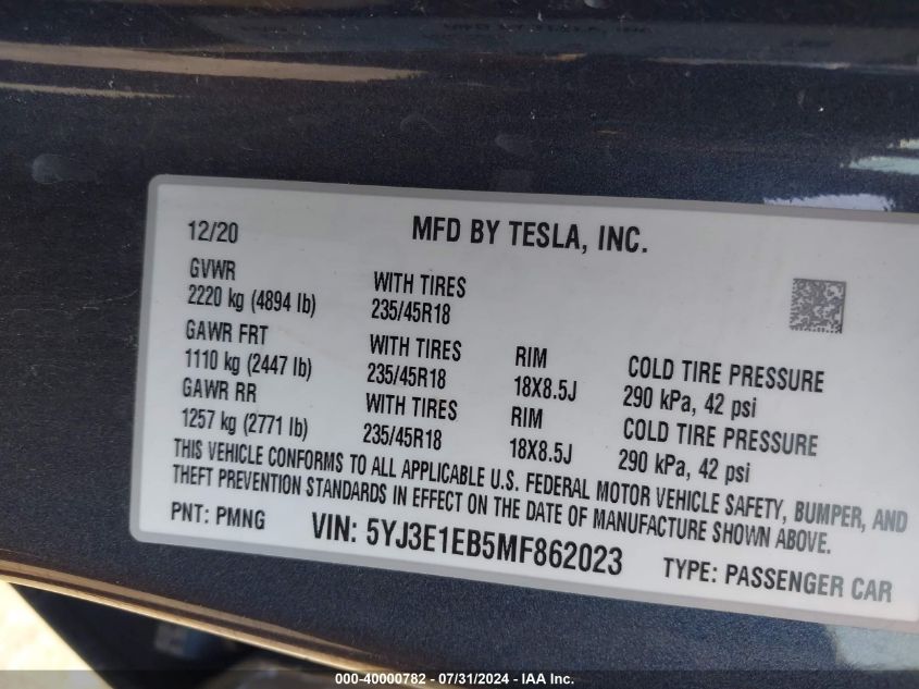 2021 Tesla Model 3 Long Range Dual Motor All-Wheel Drive VIN: 5YJ3E1EB5MF862023 Lot: 40000782