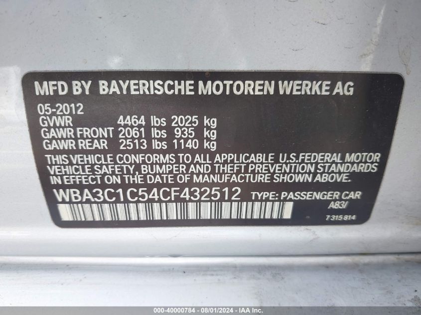 2012 BMW 328I VIN: WBA3C1C54CF432512 Lot: 40000784