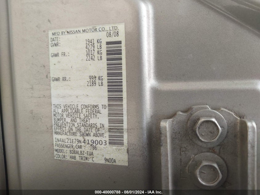 2009 Nissan Altima 2.5 S VIN: 1N4AL21E79N419003 Lot: 40000788
