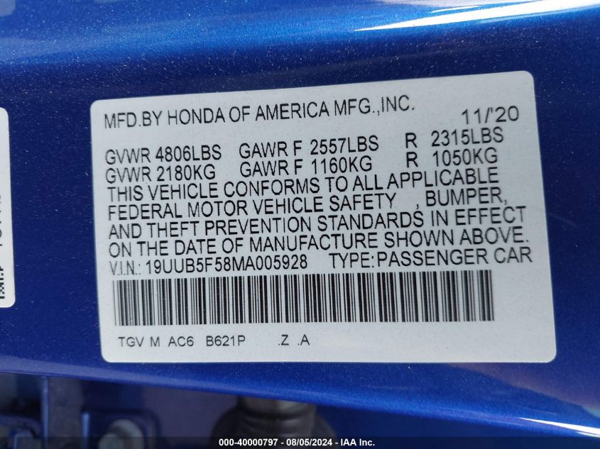 2021 Acura Tlx A-Spec Package VIN: 19UUB5F58MA005928 Lot: 40000797