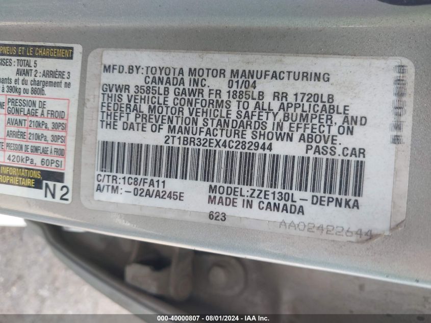 2004 Toyota Corolla Le VIN: 2T1BR32EX4C282944 Lot: 40000807