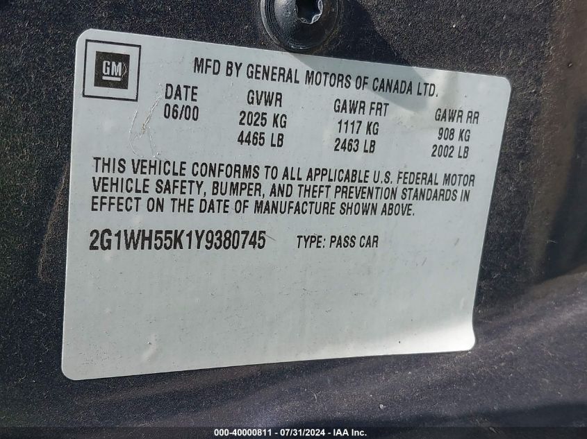 2000 Chevrolet Impala Ls VIN: 2G1WH55K1Y9380745 Lot: 40000811