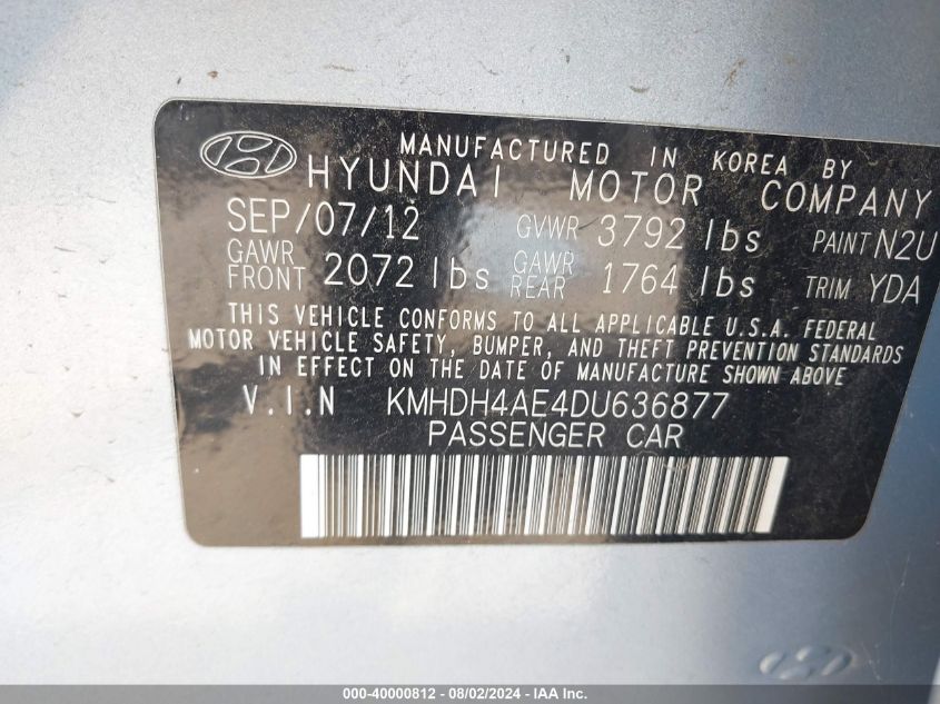 KMHDH4AE4DU636877 2013 Hyundai Elantra Gls