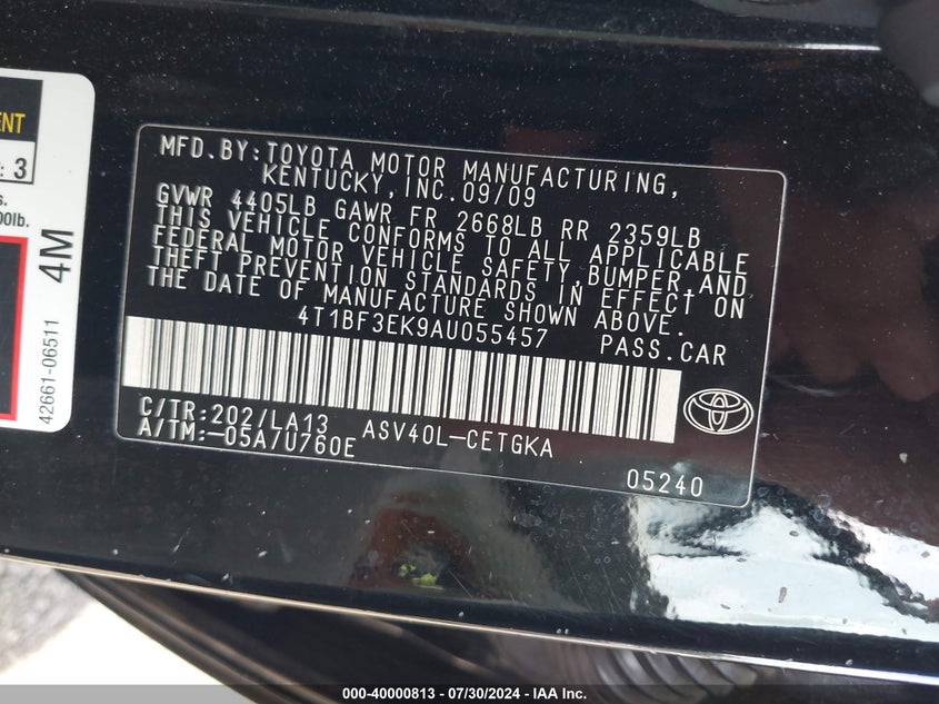 2010 Toyota Camry Xle VIN: 4T1BF3EK9AU055457 Lot: 40000813