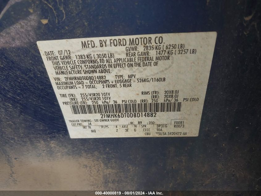 2013 Ford Flex Limited VIN: 2FMHK6DT0DBD14882 Lot: 40000819