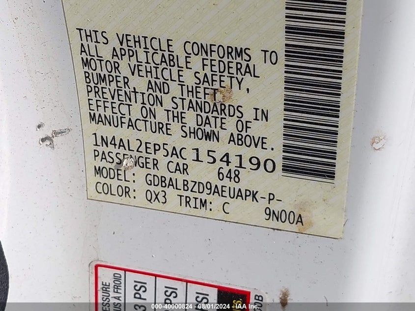 2010 Nissan Altima S VIN: 1N4AL2EP5AC154190 Lot: 40000824