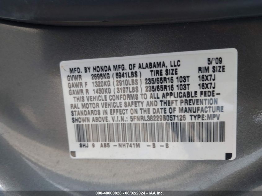 2009 Honda Odyssey Lx VIN: 5FNRL38229B057126 Lot: 40000825