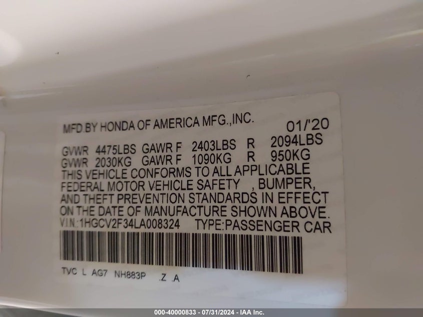 VIN 1HGCV2F34LA008324 2020 HONDA ACCORD SPORT 2.0T