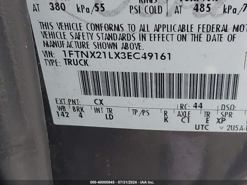 2003 Ford Super Duty F-250 Xl/Xlt/Lariat VIN: 1FTNX21LX3EC49161 Lot: 40000845