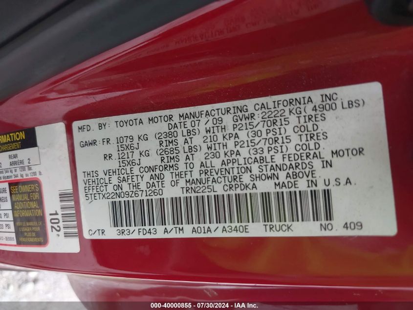 2009 Toyota Tacoma VIN: 5TETX22N09Z671260 Lot: 40000855