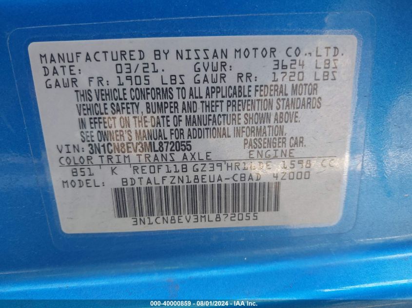 2021 Nissan Versa Sv Xtronic Cvt VIN: 3N1CN8EV3ML872055 Lot: 40000859