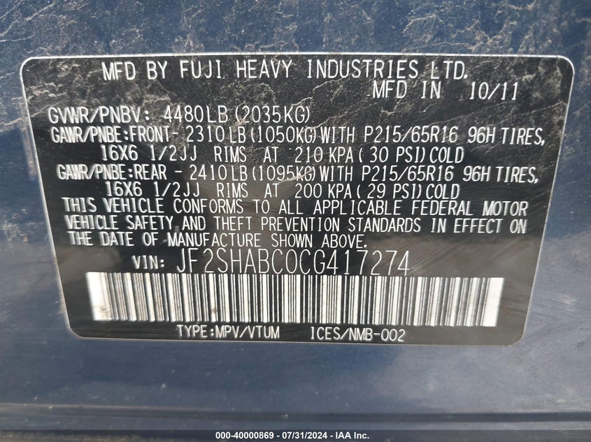 2012 Subaru Forester 2.5X VIN: JF2SHABC0CG417274 Lot: 40000869