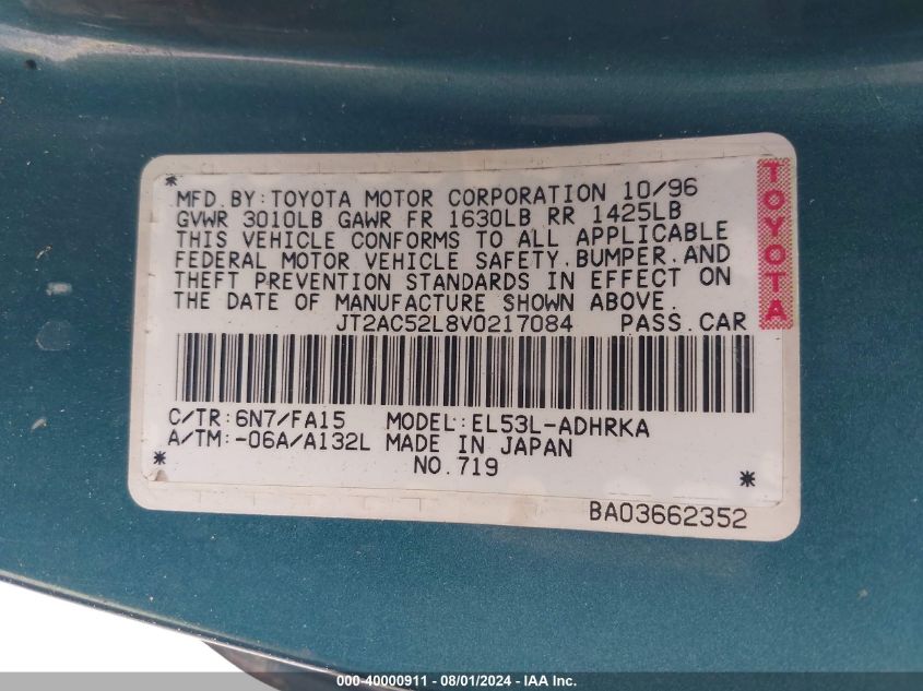 1997 Toyota Tercel Ce VIN: JT2AC52L8V0217084 Lot: 40000911