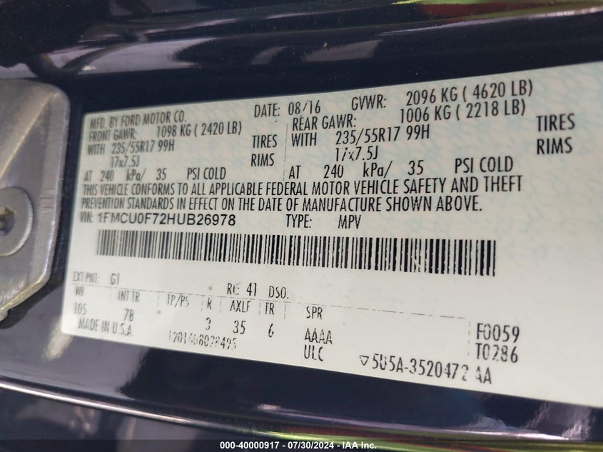 VIN 1FMCU0F72HUB26978 2017 FORD ESCAPE S