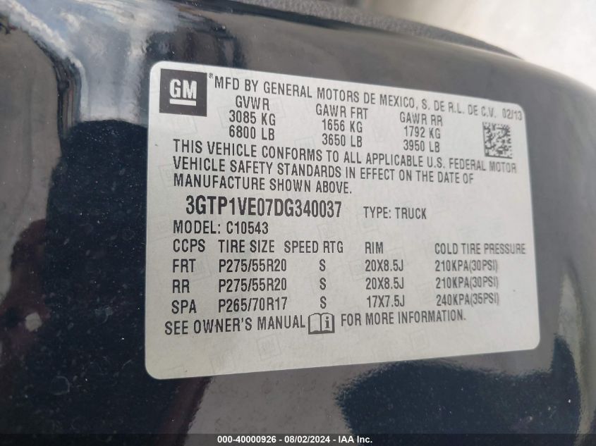 3GTP1VE07DG340037 2013 GMC Sierra 1500 Sle