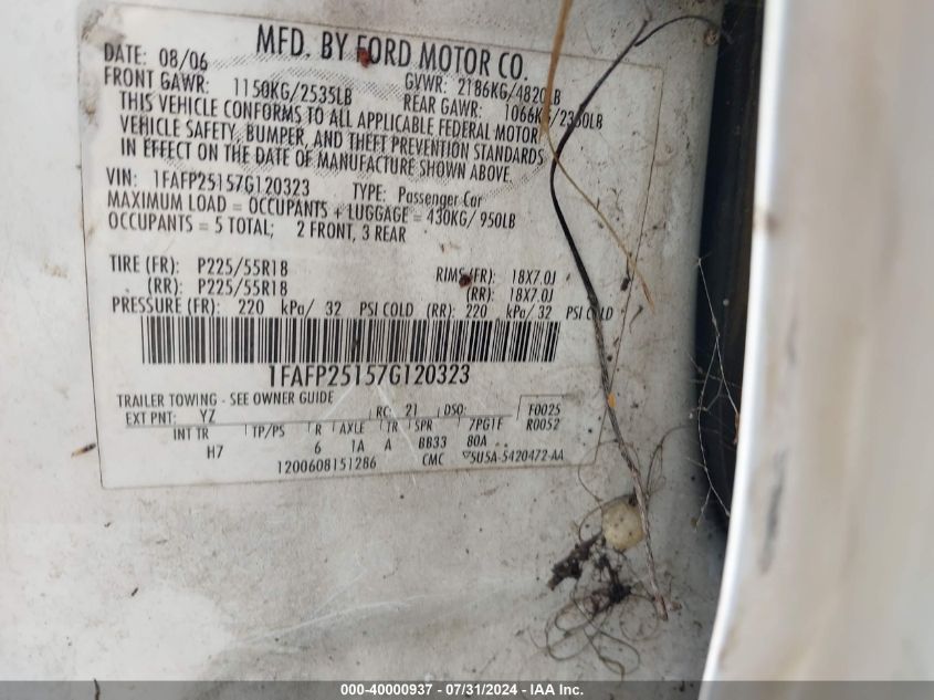 2007 Ford Five Hundred Limited VIN: 1FAFP25157G120323 Lot: 40000937