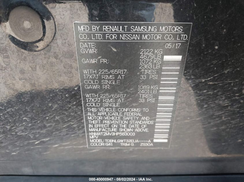 2017 NISSAN ROGUE SV - KNMAT2MV3HP583003