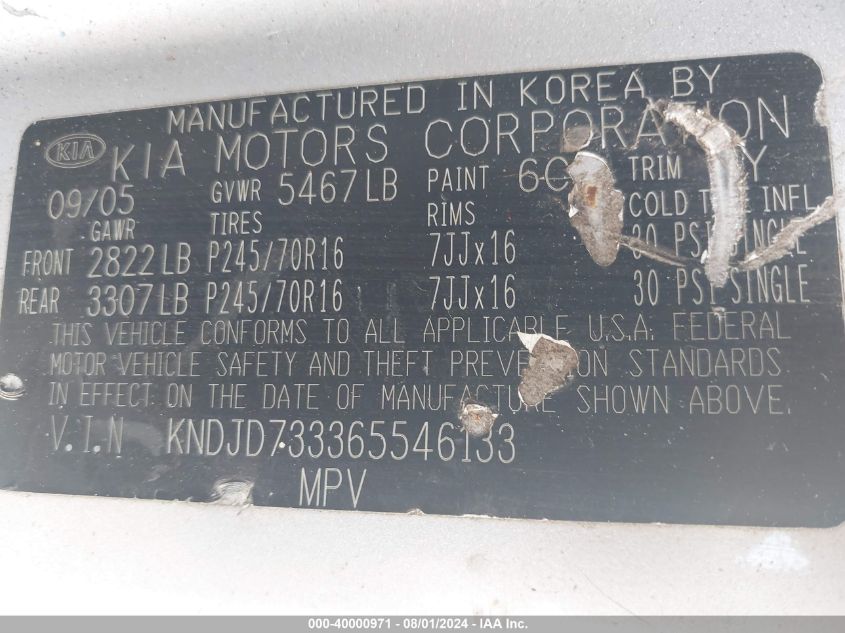 2006 Kia Sorento Ex/Lx VIN: KNDJD733365546133 Lot: 40000971