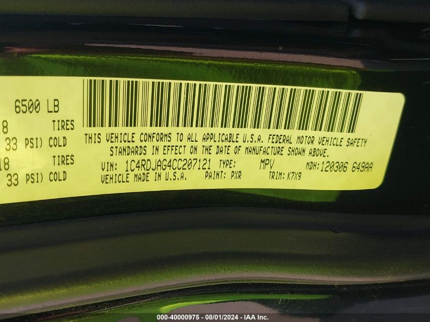 2012 Dodge Durango Sxt VIN: 1C4RDJAG4CC207121 Lot: 40000975