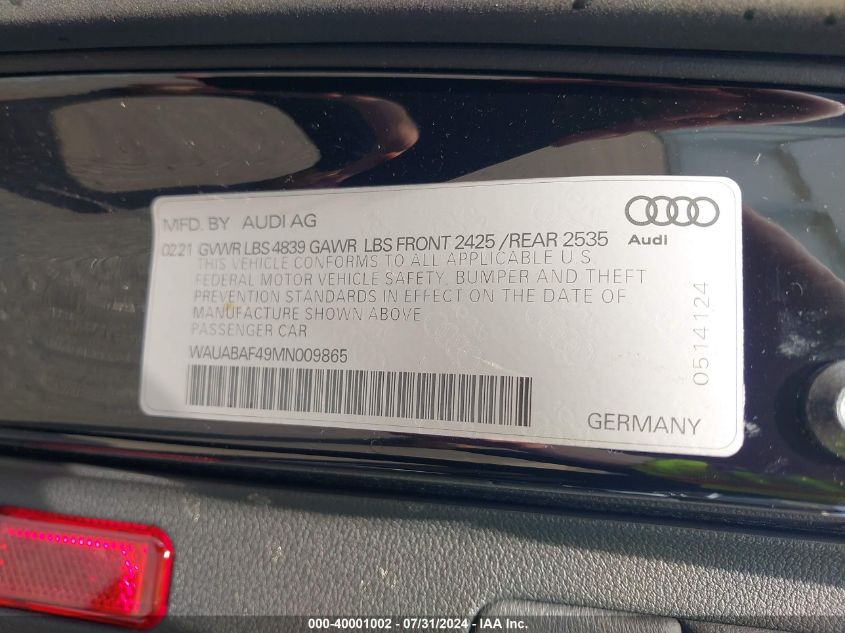 2021 Audi A4 Premium 40 Tfsi Quattro S Tronic VIN: WAUABAF49MN009865 Lot: 40001002