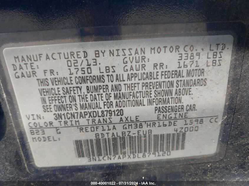 2013 Nissan Versa 1.6 Sv VIN: 3N1CN7APXDL879120 Lot: 40001022