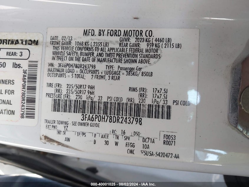 2013 Ford Fusion Se VIN: 3FA6P0H78DR243798 Lot: 40001025