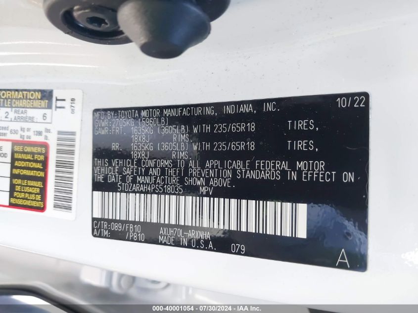 2023 Toyota Highlander Hybrid Le VIN: 5TDZARAH4PS518035 Lot: 40001054