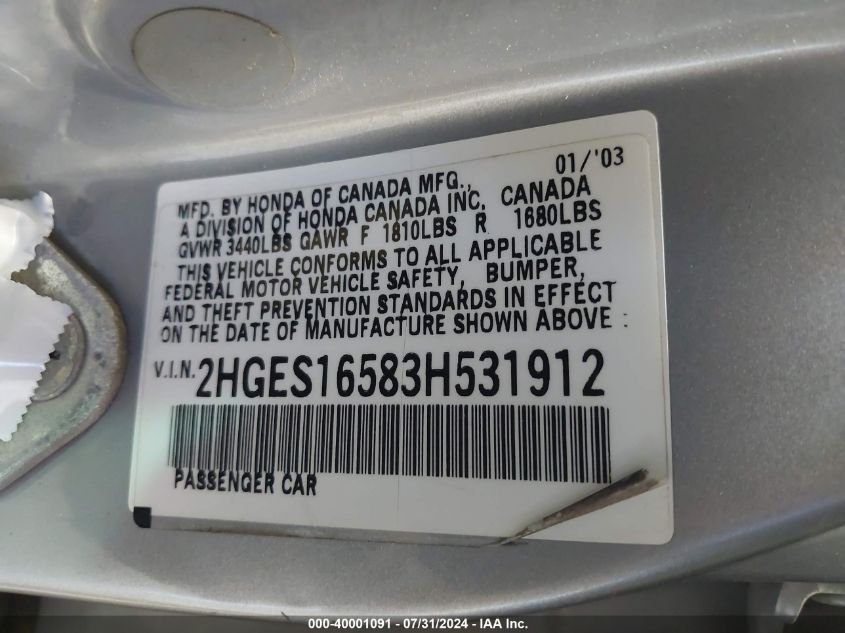 2003 Honda Civic Lx VIN: 2HGES16583H531912 Lot: 40001091