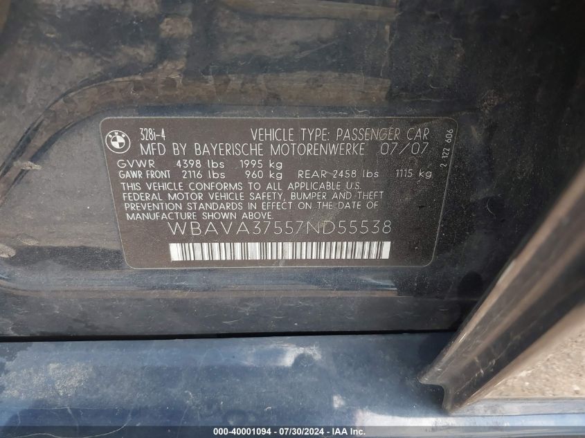 2007 BMW 328I VIN: WBAVA37557ND55538 Lot: 40001094