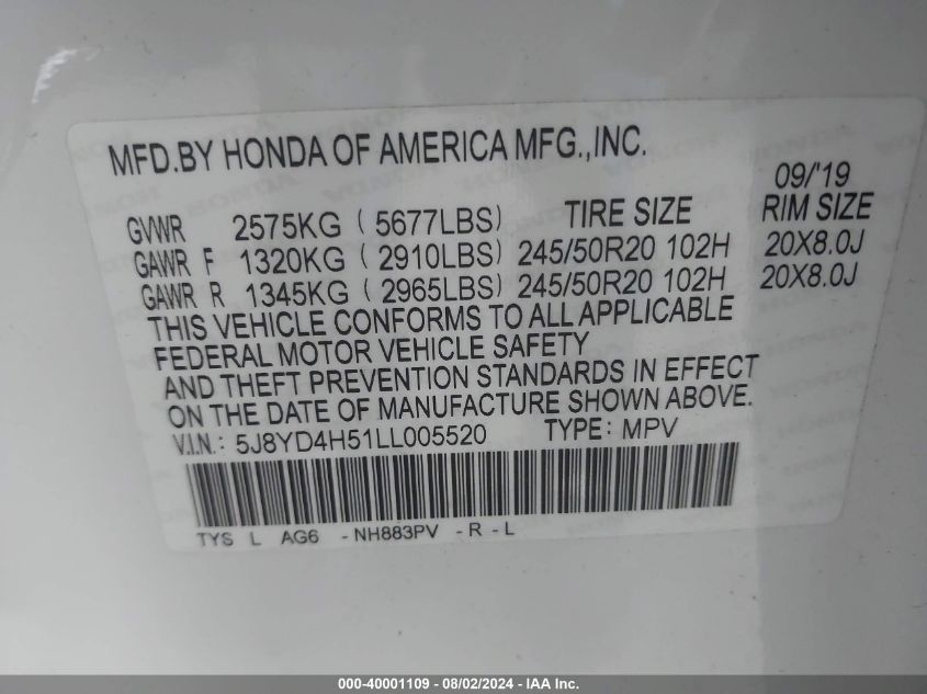 5J8YD4H51LL005520 2020 Acura Mdx Technology Pkg