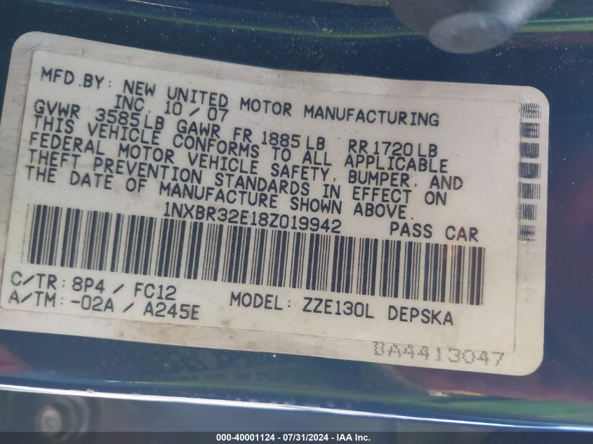 2008 Toyota Corolla S VIN: 1NXBR32E18Z019942 Lot: 40001124