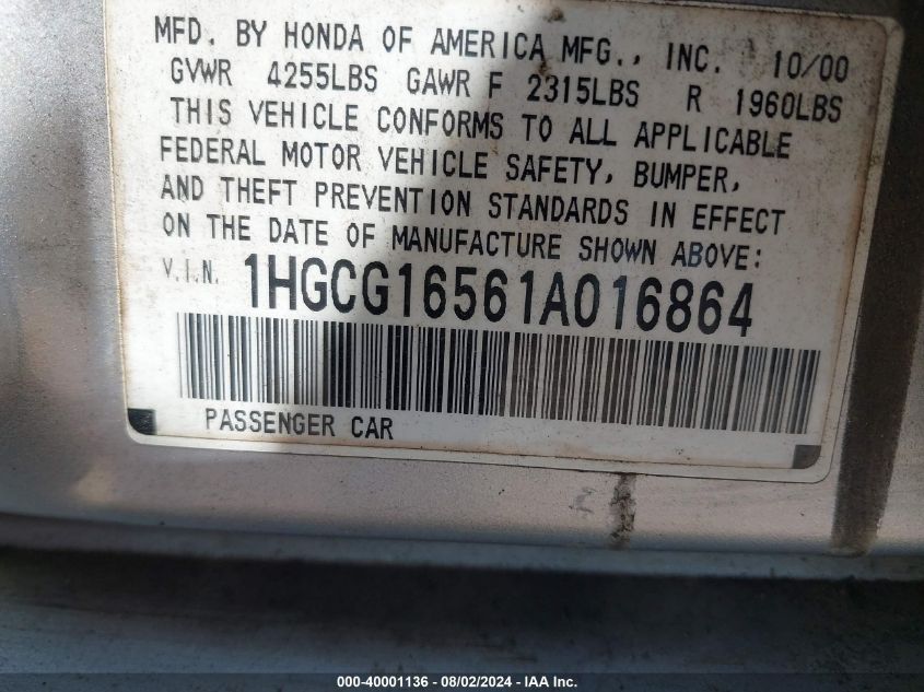 2001 Honda Accord 3.0 Ex VIN: 1HGCG16561A016864 Lot: 40001136