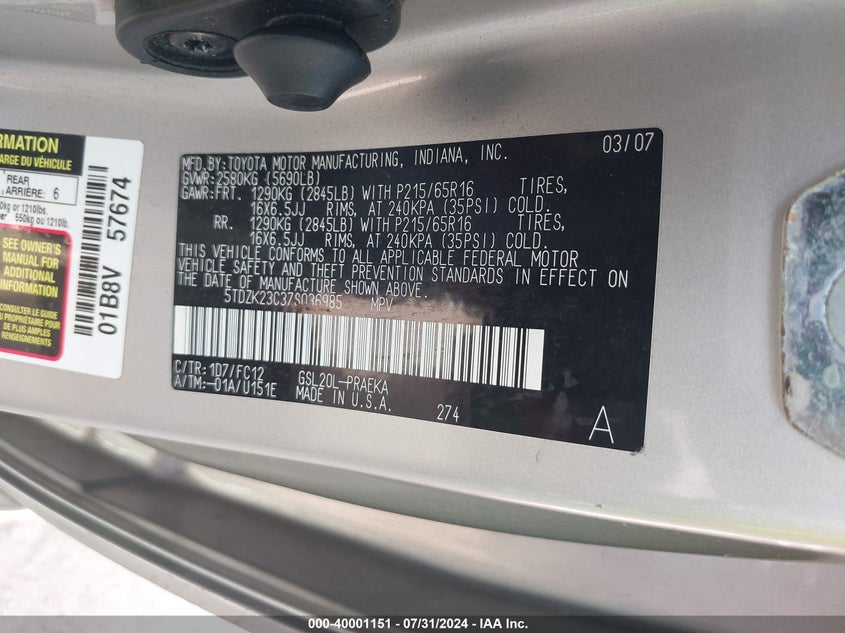 2007 Toyota Sienna Le VIN: 5TDZK23C37S036985 Lot: 40001151